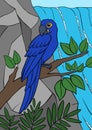 Cartoon birds. Parrot blue macaw sits on the tree branch in front of the waterfall Royalty Free Stock Photo