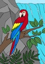 Cartoon birds. Parrot red macaw sits on the tree branch in frotn of the waterfall Royalty Free Stock Photo