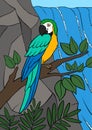 Cartoon birds. Parrot yellow macaw sits on the tree branch in front of the waterfall Royalty Free Stock Photo