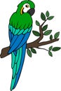 Cartoon birds. Parrot yellow macaw sits on the tree branch