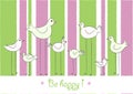 Cartoon birds on the striped background, be happy text, horizontal, vector