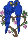 Cartoon birds. Two cute parrots blue macaw sit on the tree branch. The branch looks like a heart Royalty Free Stock Photo