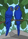 Cartoon birds. Two cute parrots blue macaw sit on the tree branch