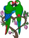 Cartoon birds. Two cute parrots green macaw sit on the tree branch. The branch looks like a heart Royalty Free Stock Photo