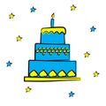 Cartoon birthday cake with candle, vector illustration Royalty Free Stock Photo