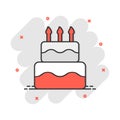 Cartoon birthday cake icon in comic style. Fresh pie muffin sign illustration pictogram. Cupcake business concept
