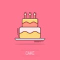 Cartoon birthday cake icon in comic style. Fresh pie muffin sign illustration pictogram. Cupcake business concept