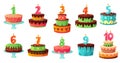 Cartoon birthday cake numbers candle. Anniversary candles, celebration party cakes vector illustration set Royalty Free Stock Photo