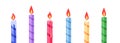 Cartoon birthday candles. Simple anniversary party bright striped candle with fire. Flat festive congratulation banner Royalty Free Stock Photo