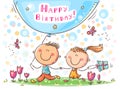 Cartoon birthday greeting card, children vector illustration