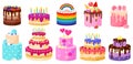 Cartoon Birthday holiday party celebration delicious cakes. Happy Birthday chocolate and strawberry candles cakes vector