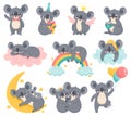 Cartoon birthday koalas. Lazy koala sleeping on cloud. Cute australian animals with balloons. Baby shower bear. Kids