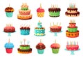 Cartoon birthday party cakes. Sweet baked cake, colourful cupcakes and celebration cakes vector illustration set Royalty Free Stock Photo