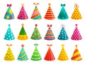 Cartoon birthday party caps. Funny celebration cap, holiday cone and colorful paper hat vector illustration set Royalty Free Stock Photo
