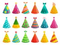 Cartoon birthday party caps. Funny celebration cap, holiday cone and colorful paper hat vector illustration set