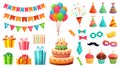 Cartoon birthday party decorations. Gifts presents, sweet cupcakes and celebration cake. Colorful balloons vector