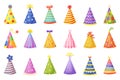 Cartoon birthday party hats, holiday celebration paper cones. Funny christmas striped party caps with colorful Royalty Free Stock Photo