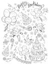 A coloring page,book a birthday theme with lettering image for children.Line art style illustration.