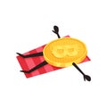 Cartoon bitcoin character with hands and legs lying on picnic carpet. Design for sticker or website. Virtual money or