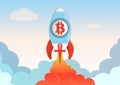Cartoon bitcoin space ship soars into the sky and clouds Royalty Free Stock Photo