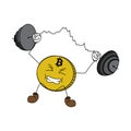 Cartoon bitcoin weight-lifting a chart