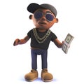 Cartoon black African American hiphop rapper in 3d holding a wad of dollar bills Royalty Free Stock Photo