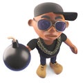 Cartoon black African American hiphop rapper holding a bomb, 3d illustration