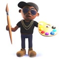 Cartoon black African hiphop rap artist in 3d holding a paintbrush and palette Royalty Free Stock Photo