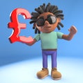 Cartoon black Afro Caribbean man with dreadlocks holding a UK Pound sterling symbol, 3d illustration