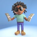 Cartoon black Afro Caribbean man with dreadlocks holding wads of cash US dollars, 3d illustration