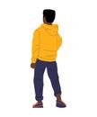 Cartoon black boy standing with his back. Behind view of African man in casual clothing. Young character wears bright