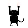 Cartoon black cat. Back view. Red bloody claws animal scratch scrape track. Cute funny character with face. White background. Isol