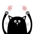 Cartoon black cat claw scratching. Red bloody scratch. Funny face head. Crazy eyes, nose, paw print hand up. Cute character. White