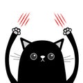 Cartoon black cat claw scratching. Red bloody scratch. Funny face head. Eyes, nose, paw print hand up. Cute character. White backg