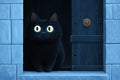 Cartoon black cat with curious eyes peeks from a small wooden door framed by blue brickwork