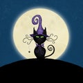 Cartoon Black Cat Wearing A Witch Hat In Front Of A Full Moon Illustration
