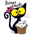 Cartoon Black Cat Sweet tooth with Cupcake
