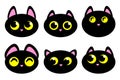 Cartoon black cats with yellow eyes. Cute kitten flat icons set. Different emotions of cats faces. Royalty Free Stock Photo