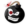 Cartoon black crazy bomb icon about to explode with burning wick