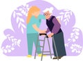 Cartoon black female nurse helping old woman. 2d illustration