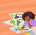 Cartoon black girl drawing animals on the floor.