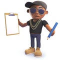 Cartoon black hiphop rapper holding a clipboard and pencil, 3d illustration