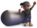 Cartoon black hiphop rapper standing next to a huge nuclear bomb, 3d illustration