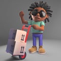 Cartoon black man with dreadlocks delivering boxes on a hand trolley, 3d illustration