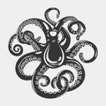 Cartoon black octopus with curved arms and suction cups on it, feeding tentacle. Spineless squid or underwater