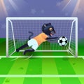The black panther girl as a goalkeeper catching the soccer ball near gates on the field Royalty Free Stock Photo