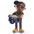 Cartoon black rap hiphop artist using a camera, 3d illustration