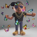 Cartoon black rapper surrounded by a swarm of butterflies, 3d illustration