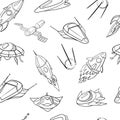 Cartoon black spaceships, satellite, space station, flying saucer on the background of stars . seamless vector pattern Royalty Free Stock Photo