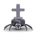 Cartoon black spider standing near grave with cross monument. White scary composition